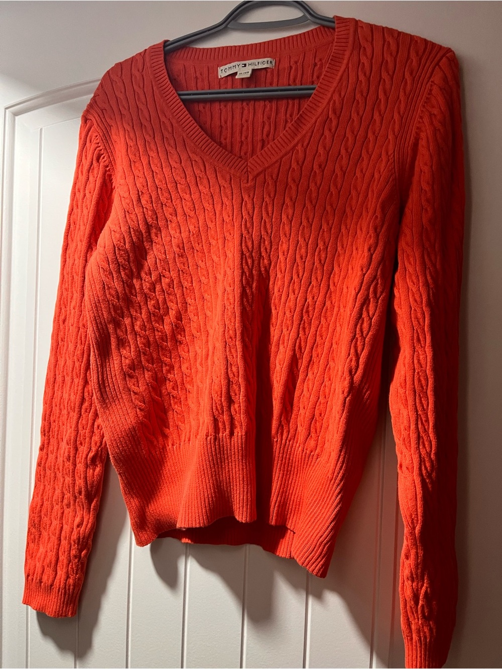 Tommy Hilfiger Women's V-Neck Cable Knit Sweater - Bright Red-Orange